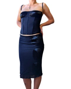 Mila Schön Concept 1998-2002 Set bustier e gonna neri - Ricamo ovale iconico