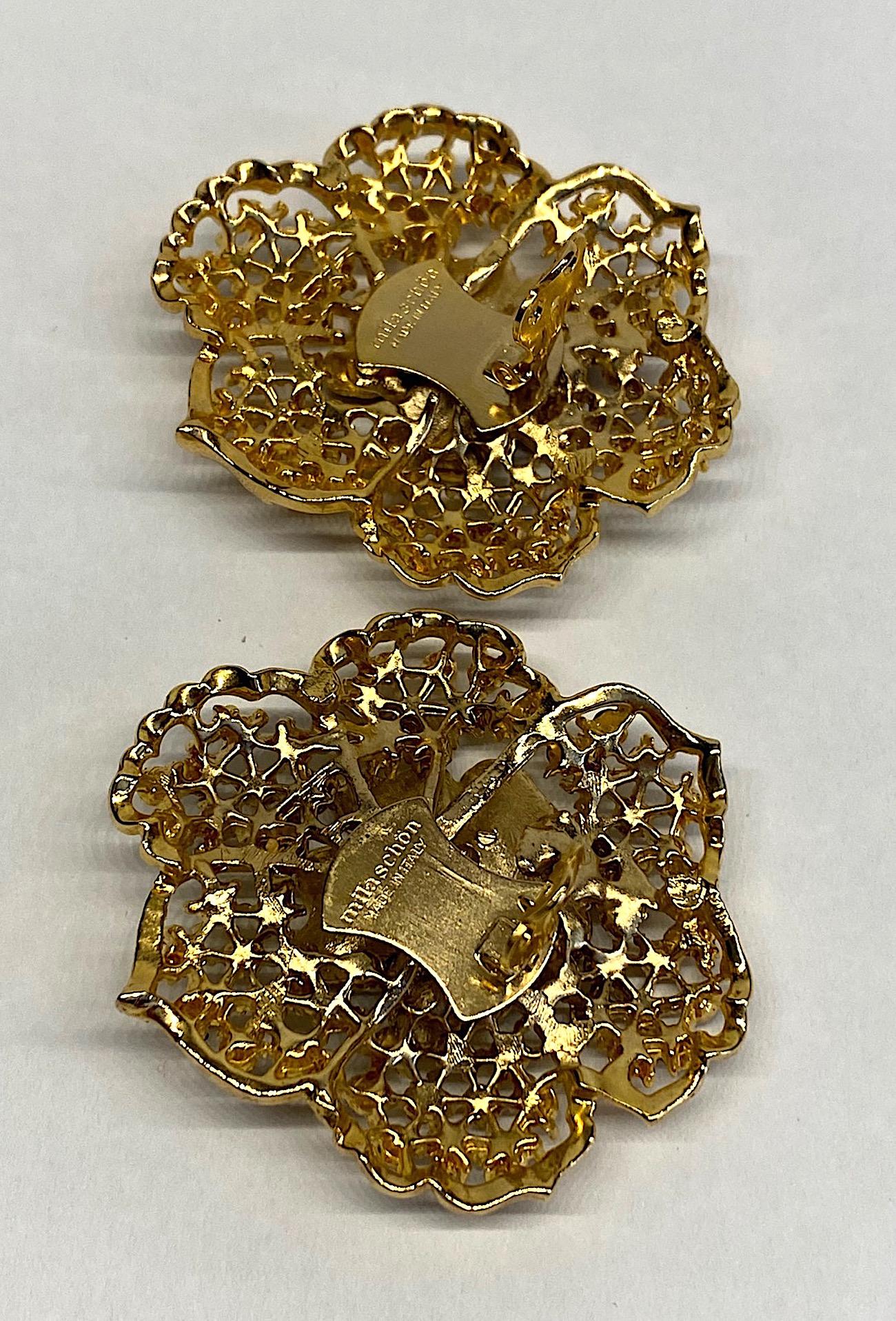 Mila Schön Gold 1980s Large Gold & Black Enamel Flower Earrings 5