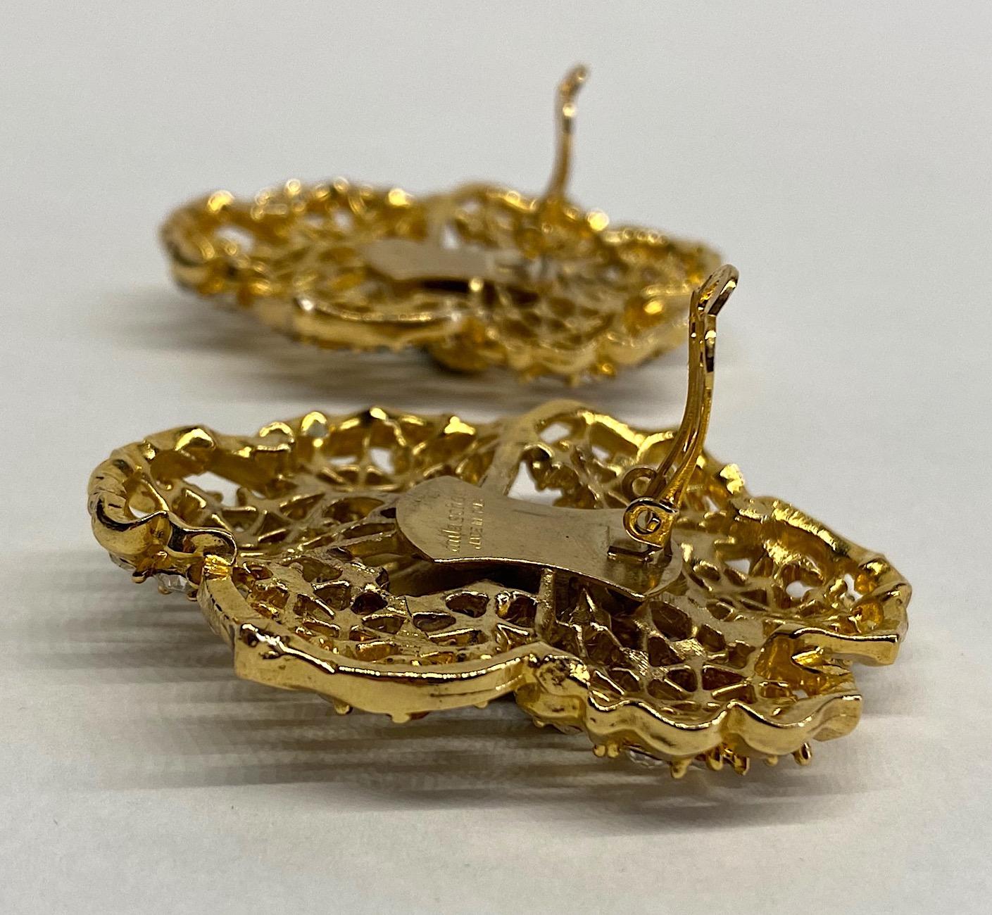 Mila Schön Gold 1980s Large Gold & Black Enamel Flower Earrings 6