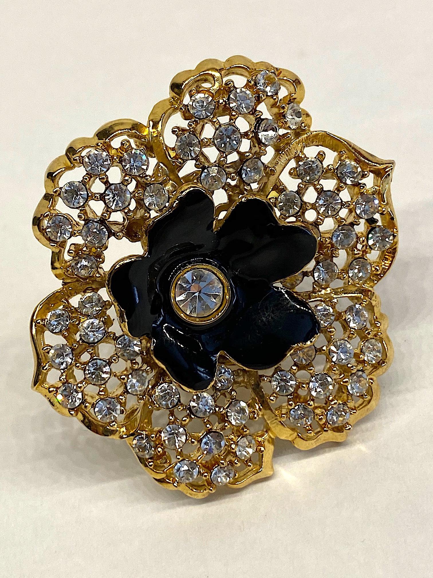 Mila Schön Gold 1980s Large Gold & Black Enamel Flower Earrings 7