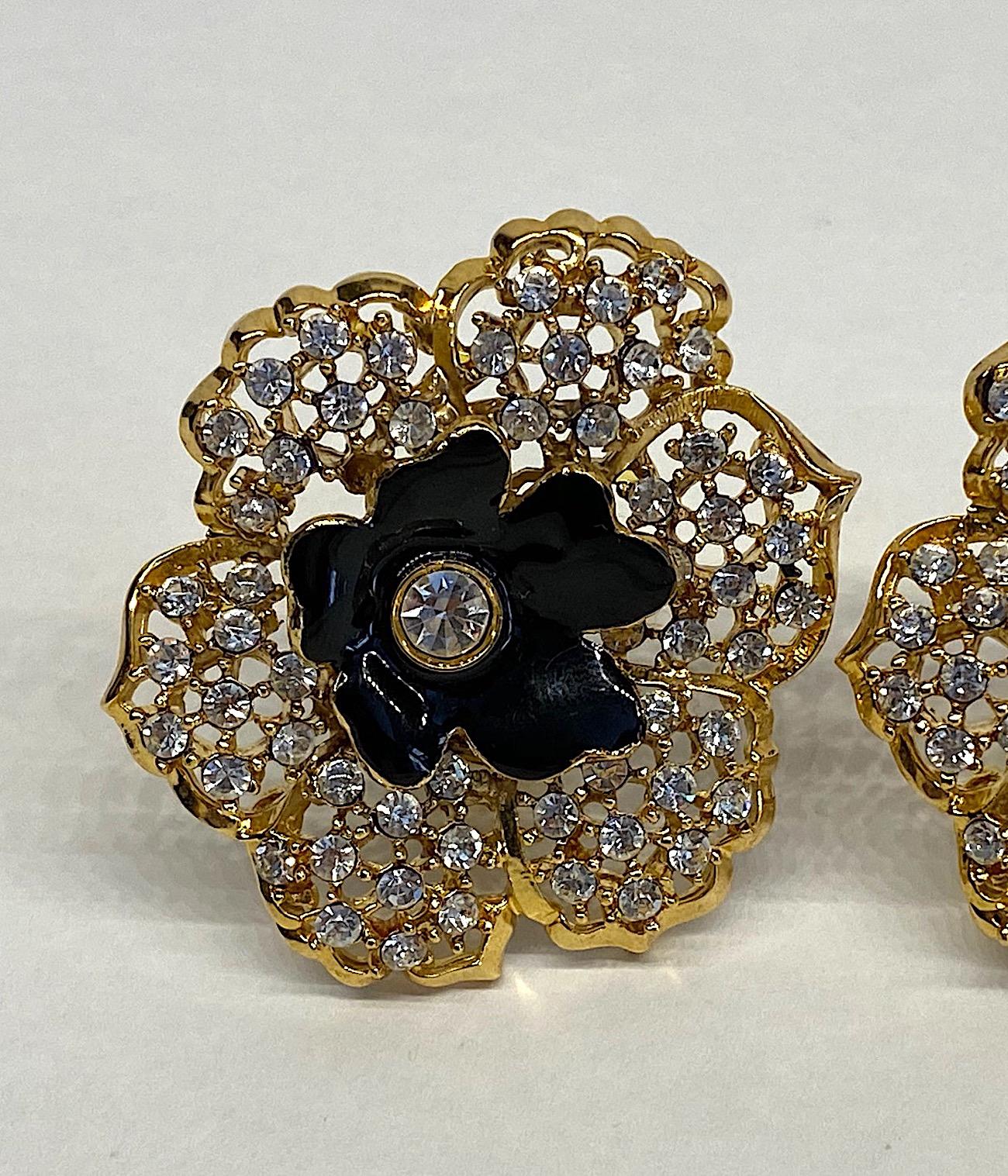 Mila Schön Gold 1980s Large Gold & Black Enamel Flower Earrings 8