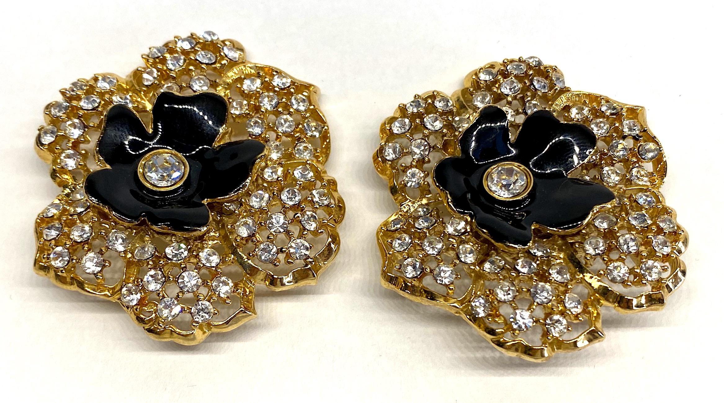 Women's Mila Schön Gold 1980s Large Gold & Black Enamel Flower Earrings