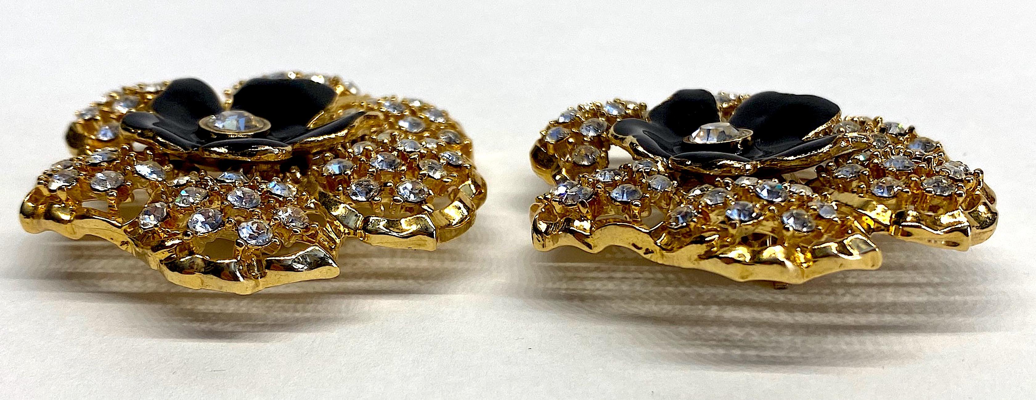 Mila Schön Gold 1980s Large Gold & Black Enamel Flower Earrings 1