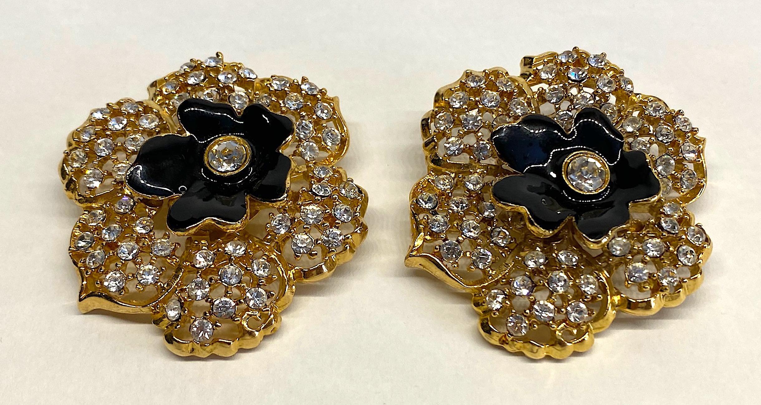 Mila Schön Gold 1980s Large Gold & Black Enamel Flower Earrings 2