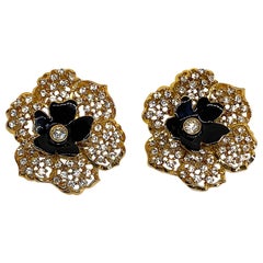 Mila Schön Gold 1980s Large Gold & Black Enamel Flower Earrings