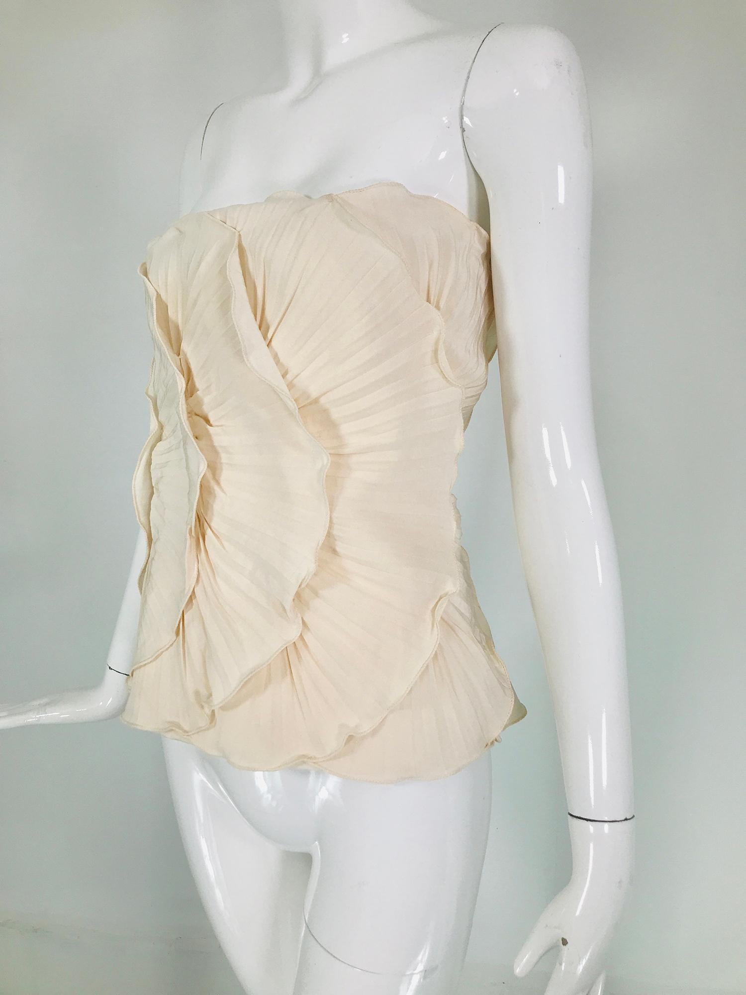 Beige Mila Schon Ivory Bustier Plisse Silk 1980s unworn with tags size 40 For Sale