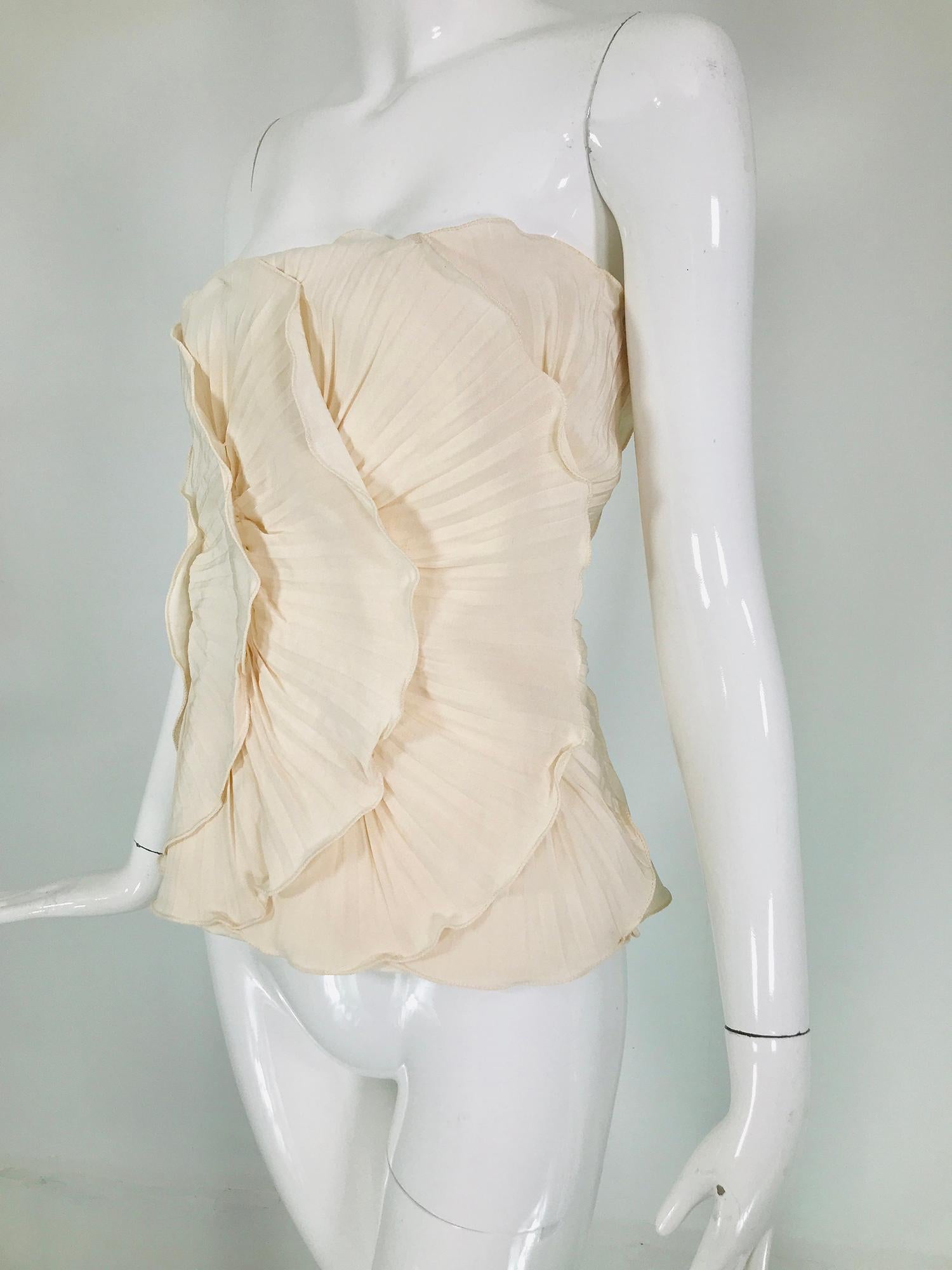 Mila Schon Ivory Bustier Plisse Silk 1980s unworn with tags size 40 In Excellent Condition For Sale In West Palm Beach, FL