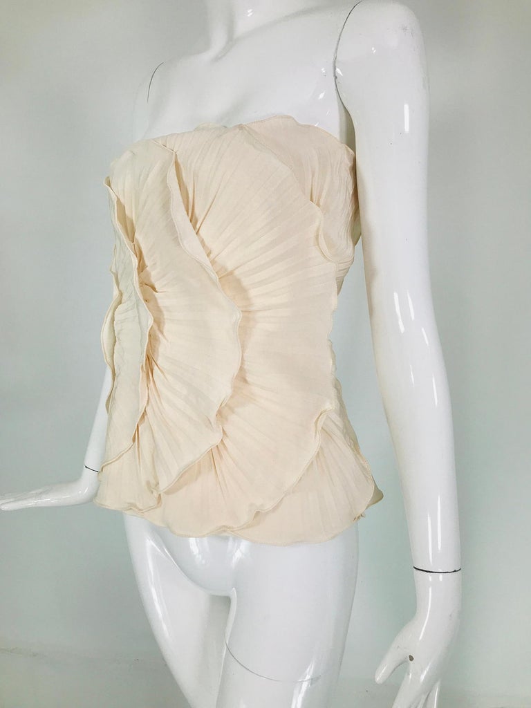 Mila Schon Ivory Bustier Plisse Silk 1980s unworn with tags size 40 For Sale 1