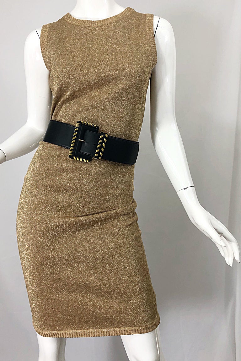 pink 90s mini dress Vintage 90s Metallic Gold Chunky Knit Turtleneck Midi Dress