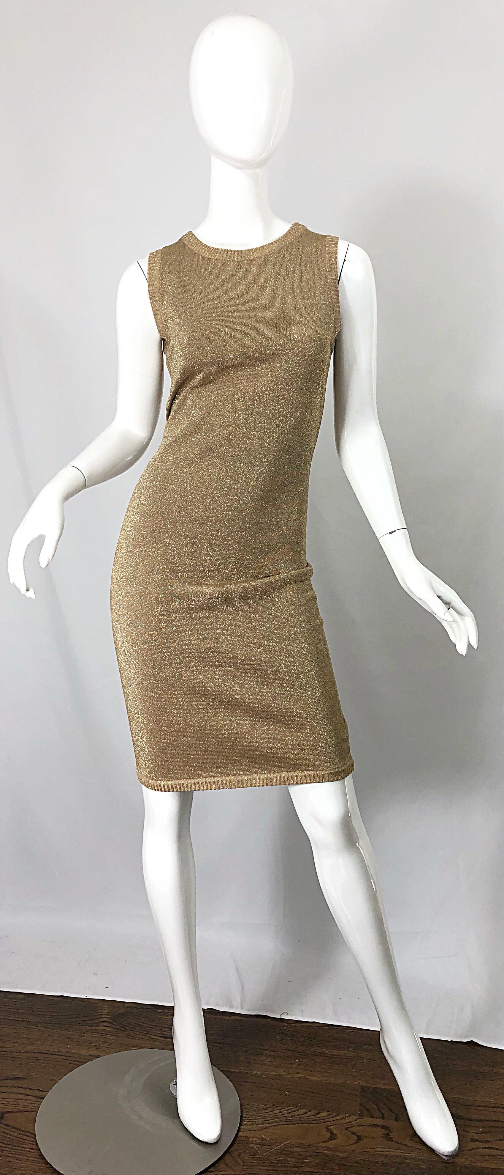 Mila Schoon 1990s Gold Metallic Cut - Out Back Vintage 90s Bodycon Dress For Sale 7