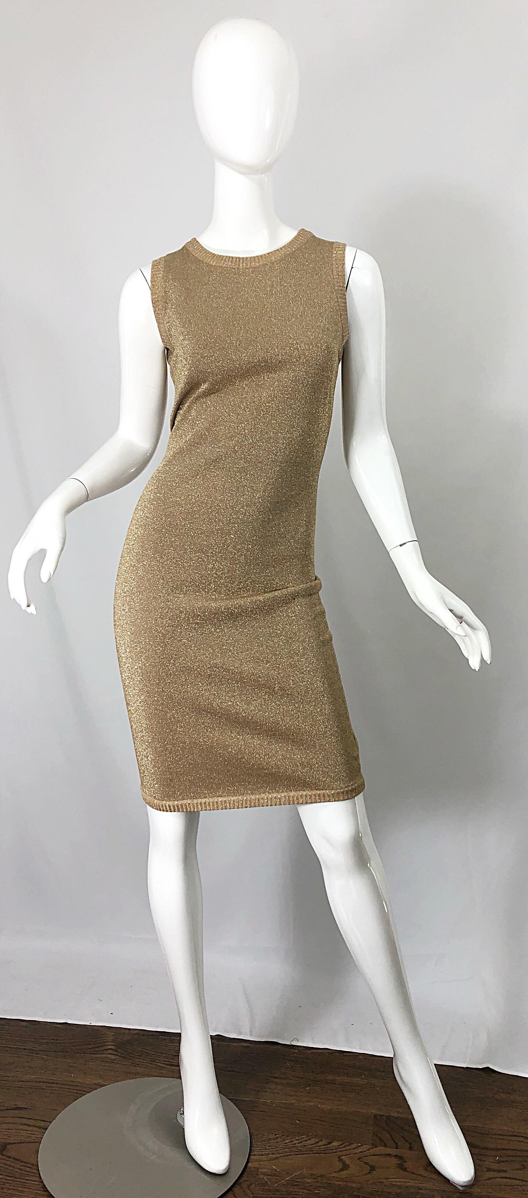 Sexy 1990s does 1960s MILA SCHOON gold metallic cut-out back bodycon dress! Features a soft Cotton blend that stretches to fit. Simply slips over the head. Cut-out back reveals just the right amount of skin. Great belted or alone with sandals,