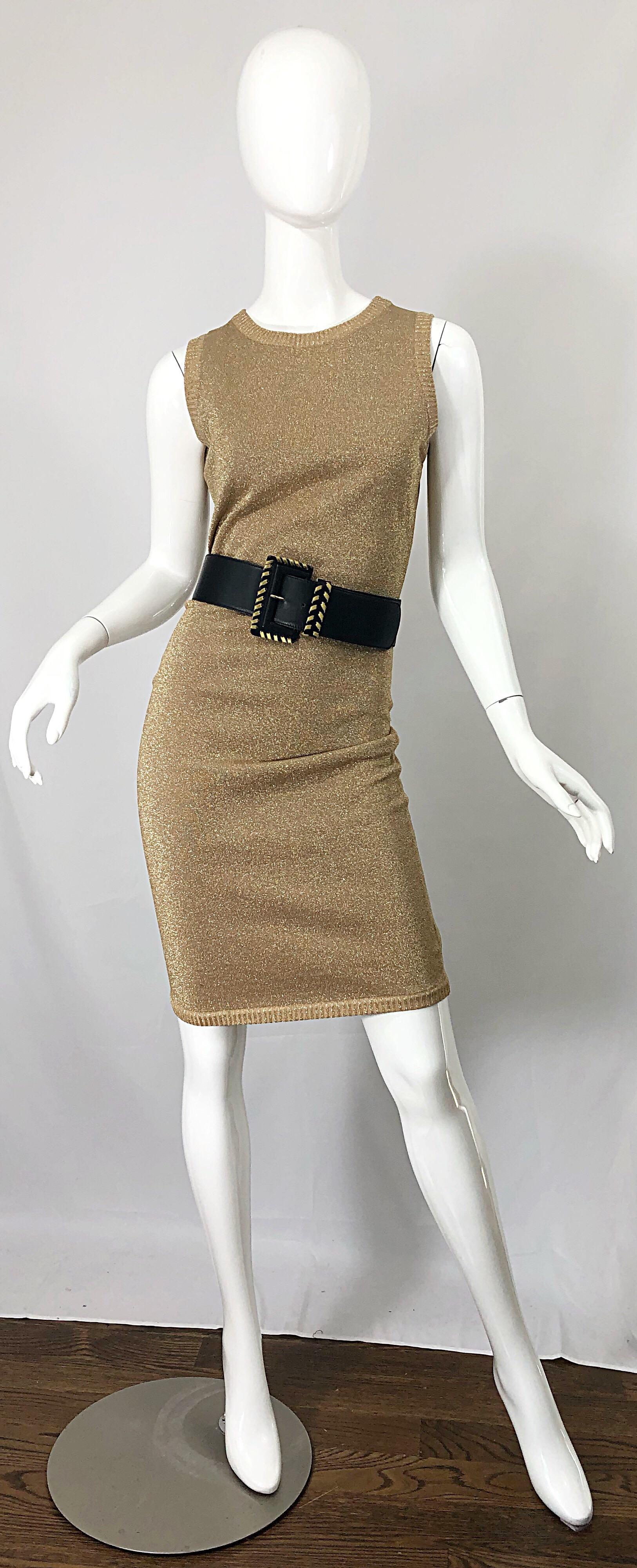 Mila Schoon 1990s Gold Metallic Cut - Out Back Vintage 90s Bodycon Dress In Excellent Condition For Sale In San Diego, CA