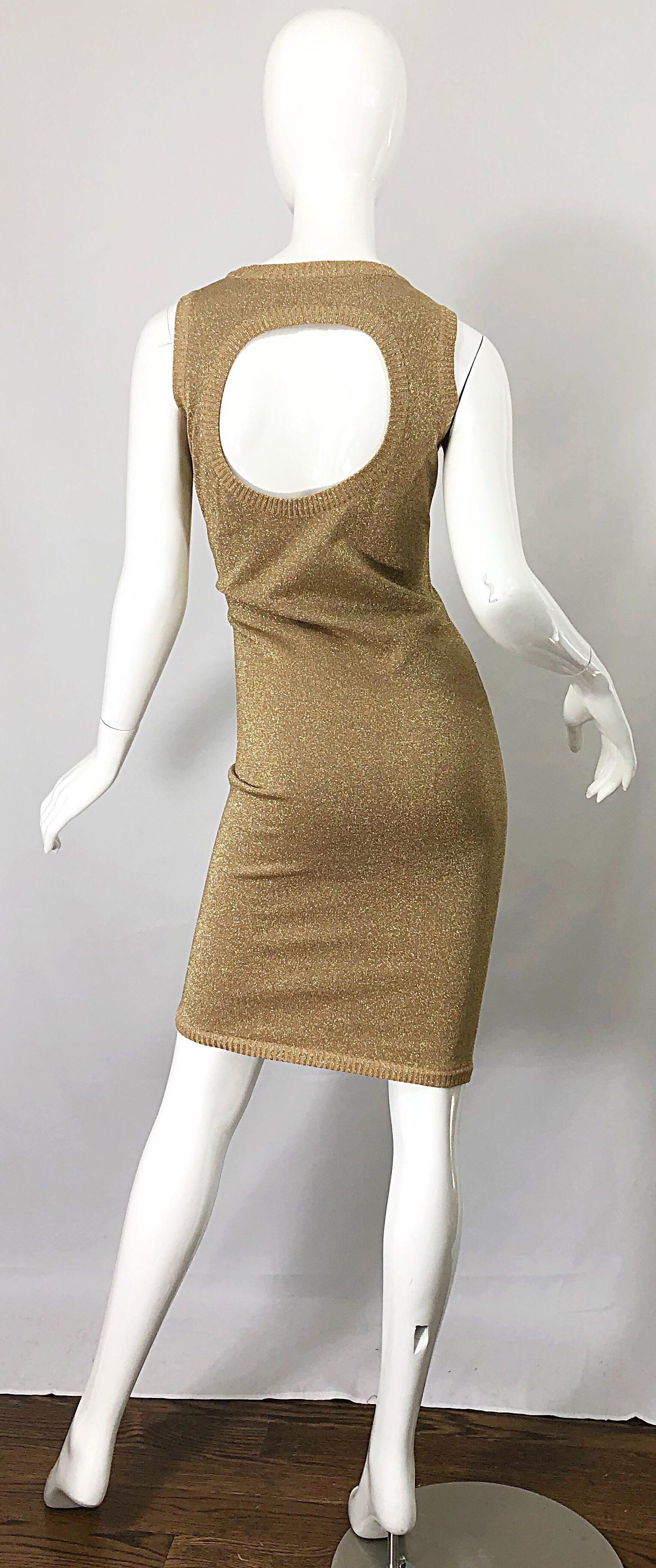 Mila Schoon 1990s Gold Metallic Cut - Out Back Vintage 90s Bodycon Dress For Sale 3