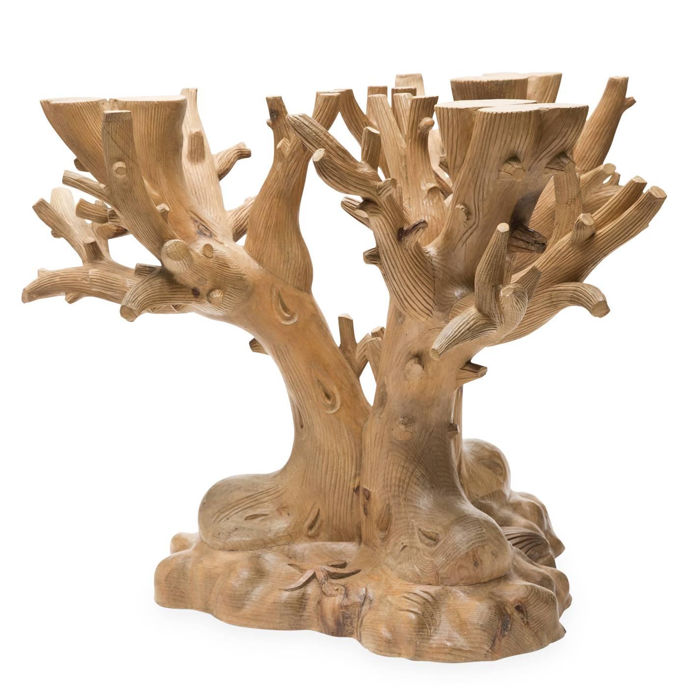 Decorative table base by Bartolozzi e Maioli in Austrian pine with a wax finish. The handcrafted oak tree form is adorned with finely sculpted leaves and birds. Originally presented at the 1980 Salone del Mobile in Milan.