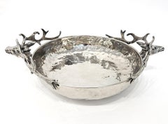 Milanese Design Hand Hammered Stag Deer Silver Plate Centrepiece Bowl, Italy 70s