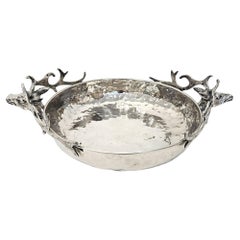 Milanese Design Hand Hammered Stag Deer Silver Plate Centrepiece Bowl, Italy 70s