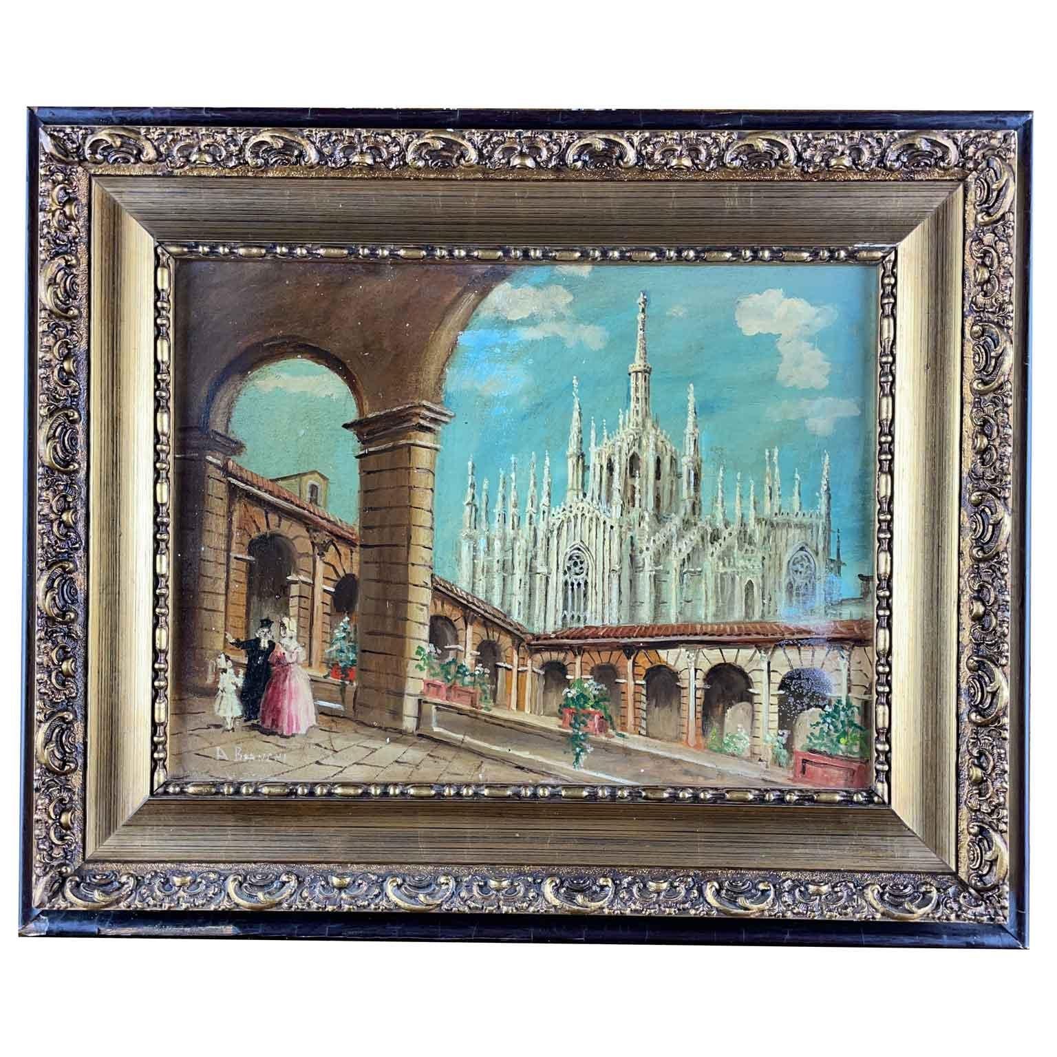 Pair of Italian Milanese Duomo Cathedral views 1950 circa, pair of Italian landscape paintings, oil on poplar plywood panels, both signed A. Bianchi on the right and left in the lower part. Gilt and ebonised frames.

The first depicts the side of