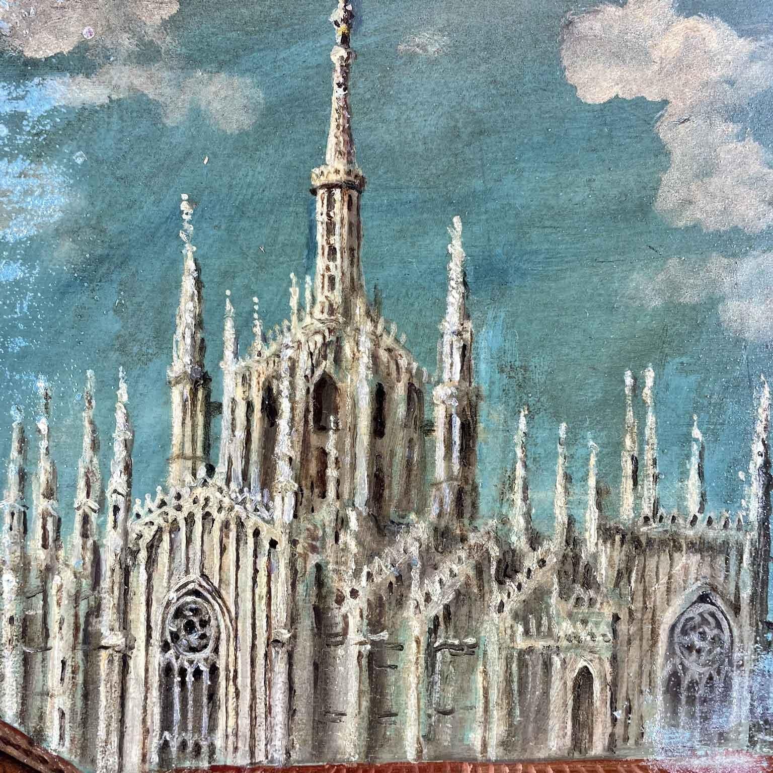 Grand Tour Milan Duomo Cathedral Views Pair of Italian Landscape Paintings Mid-20th Century
