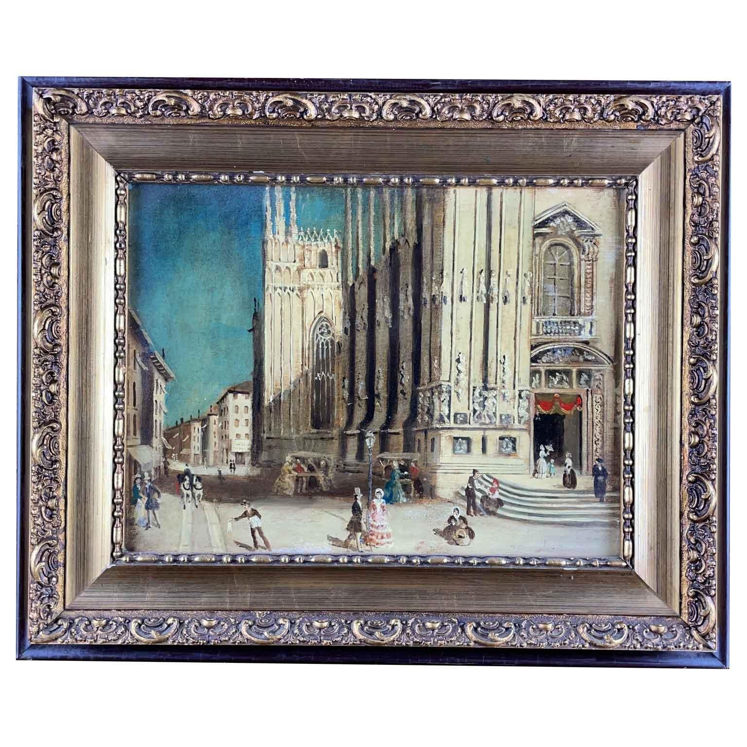 Milan Duomo Cathedral Views Pair of Italian Landscape Paintings Mid-20th Century 1