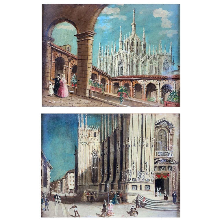 Milan Duomo Cathedral Views Pair of Italian Landscape Paintings Mid20th Century For Sale at 1stDibs