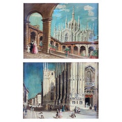 Milan Duomo Cathedral Views Pair of Italian Landscape Paintings Mid-20th Century