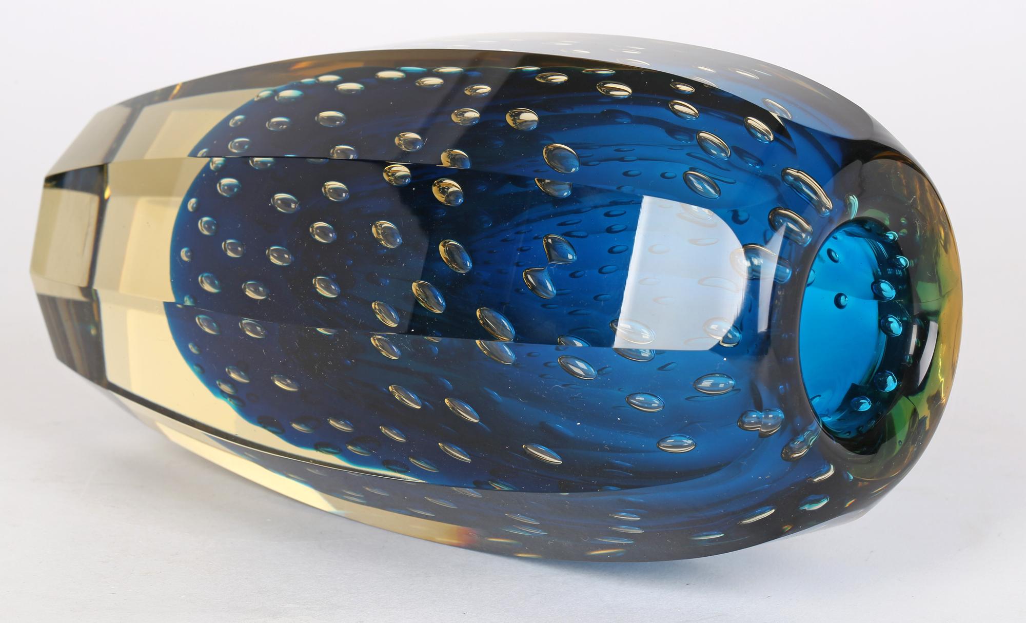 Mid-Century Modern Milan Metelak Czech Harrachov Blue Bullicante Art Glass Vase