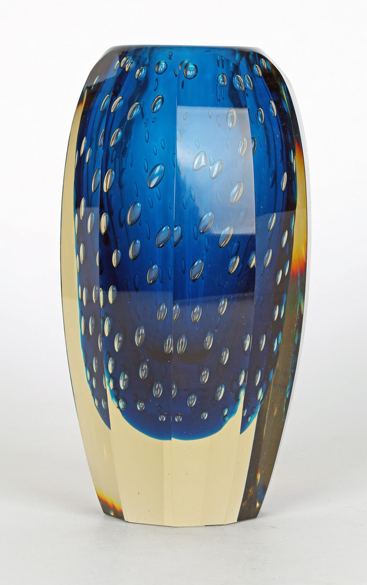 Hand-Crafted Milan Metelak Czech Harrachov Blue Bullicante Art Glass Vase