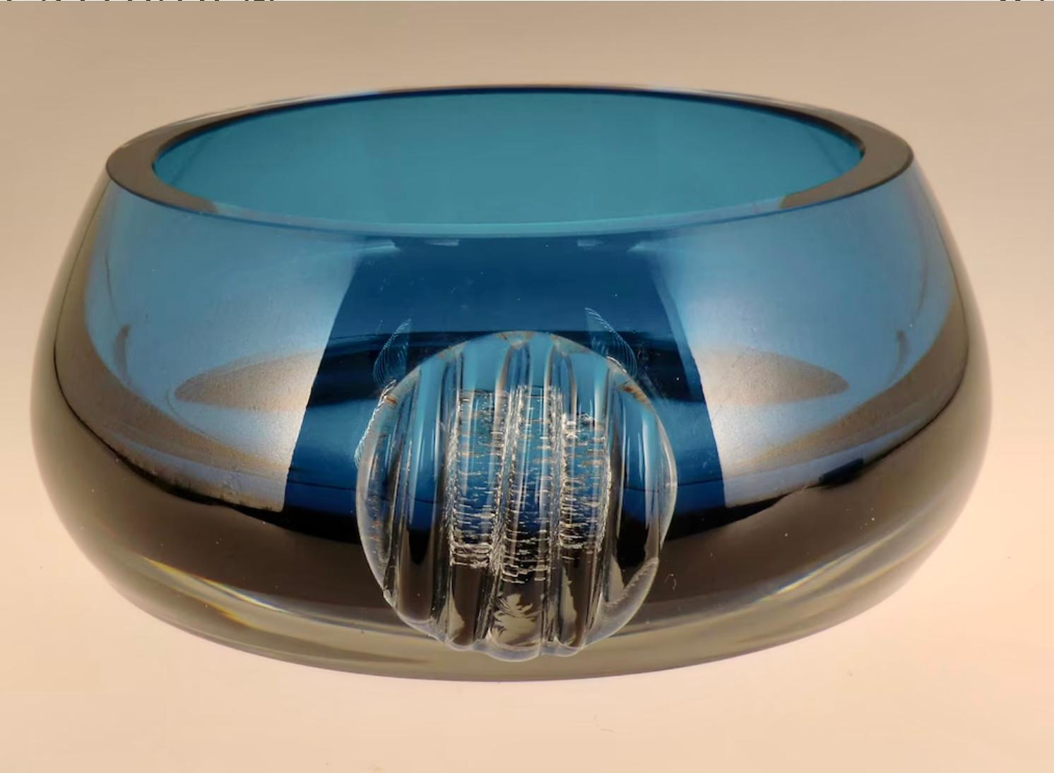 Vintage Czech Bohemian Art Glass Bowl - Cobalt blue clear called 
