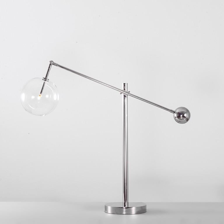 Polished Nickel Contemporary table lamp by Schwung
Dimensions: D 113 x W 33.4 x H 170 cm
Materials: Solid brass, hand-blown glass globes
Finish: Polished Nickel. 
Available in finishes: Natural Brass or Black Gunmetal. Also available in Floor