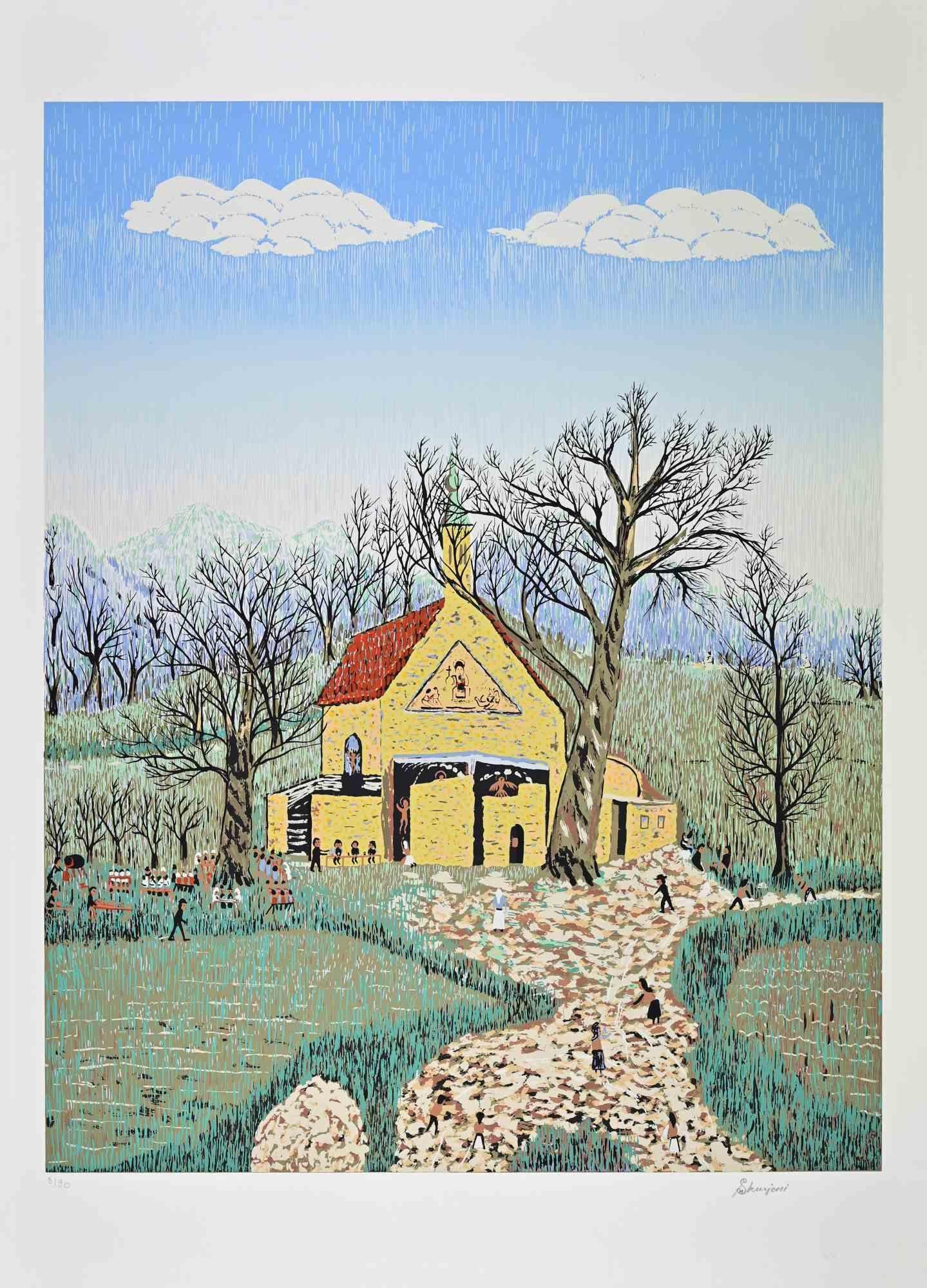 Village Church - Screenprint by Milan Rasic- 1970s
