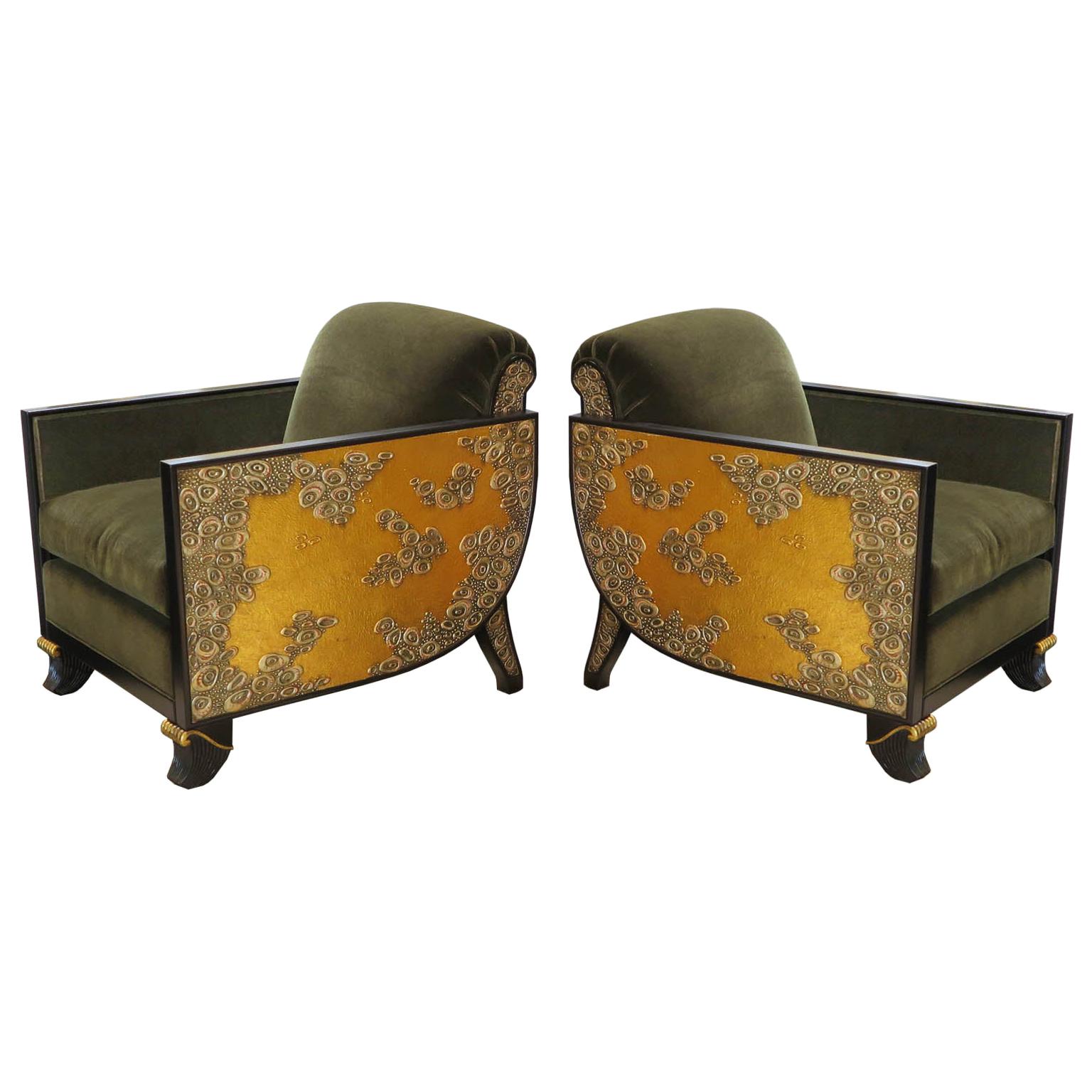 Milanese Lounge Chairs with Gold Leafed Carved Arms, 1980s