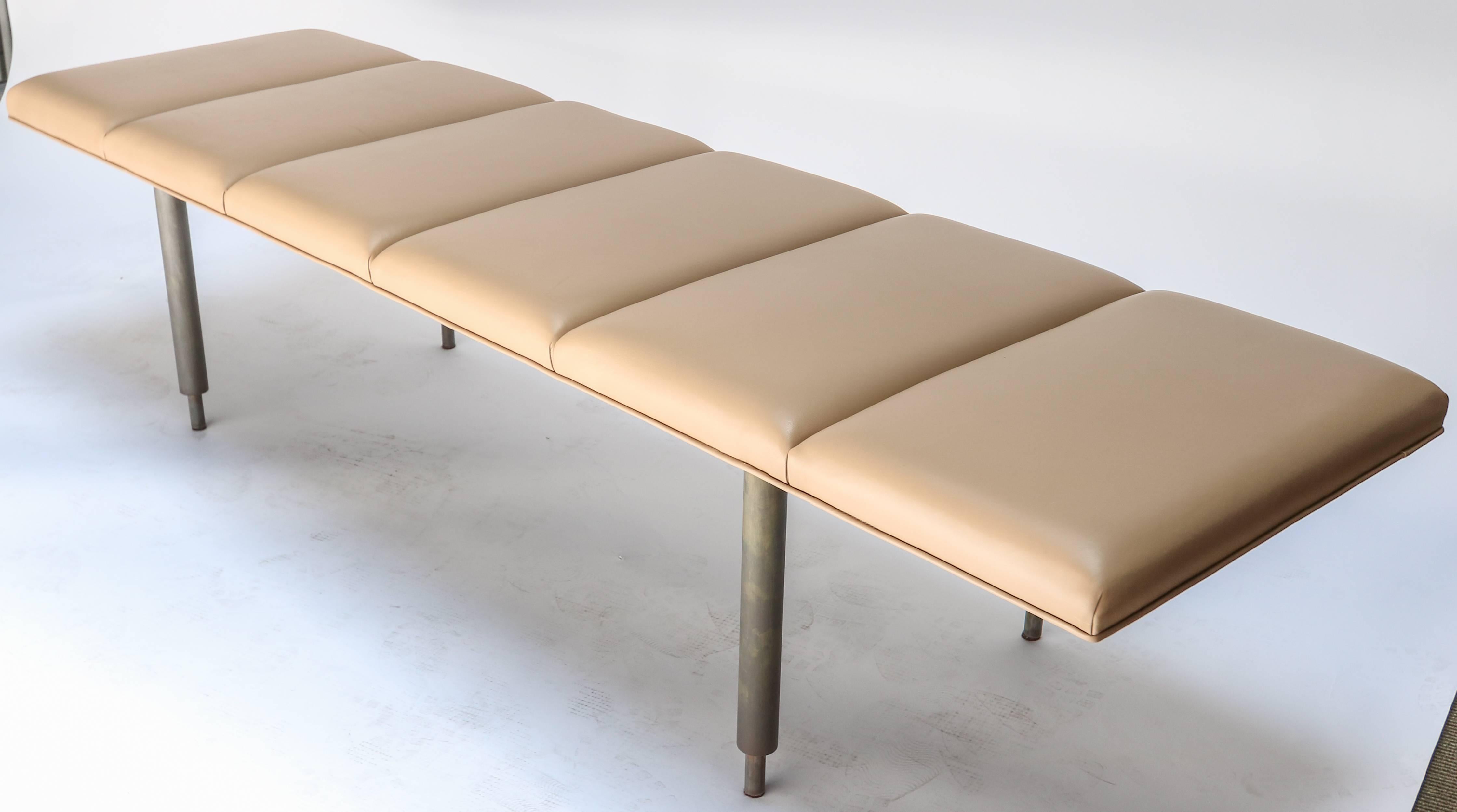 Milano custom metal bench made in Los Angeles by Adesso Imports. Shown in steel with beige leather seat. Can be done in different metals and upholstery.