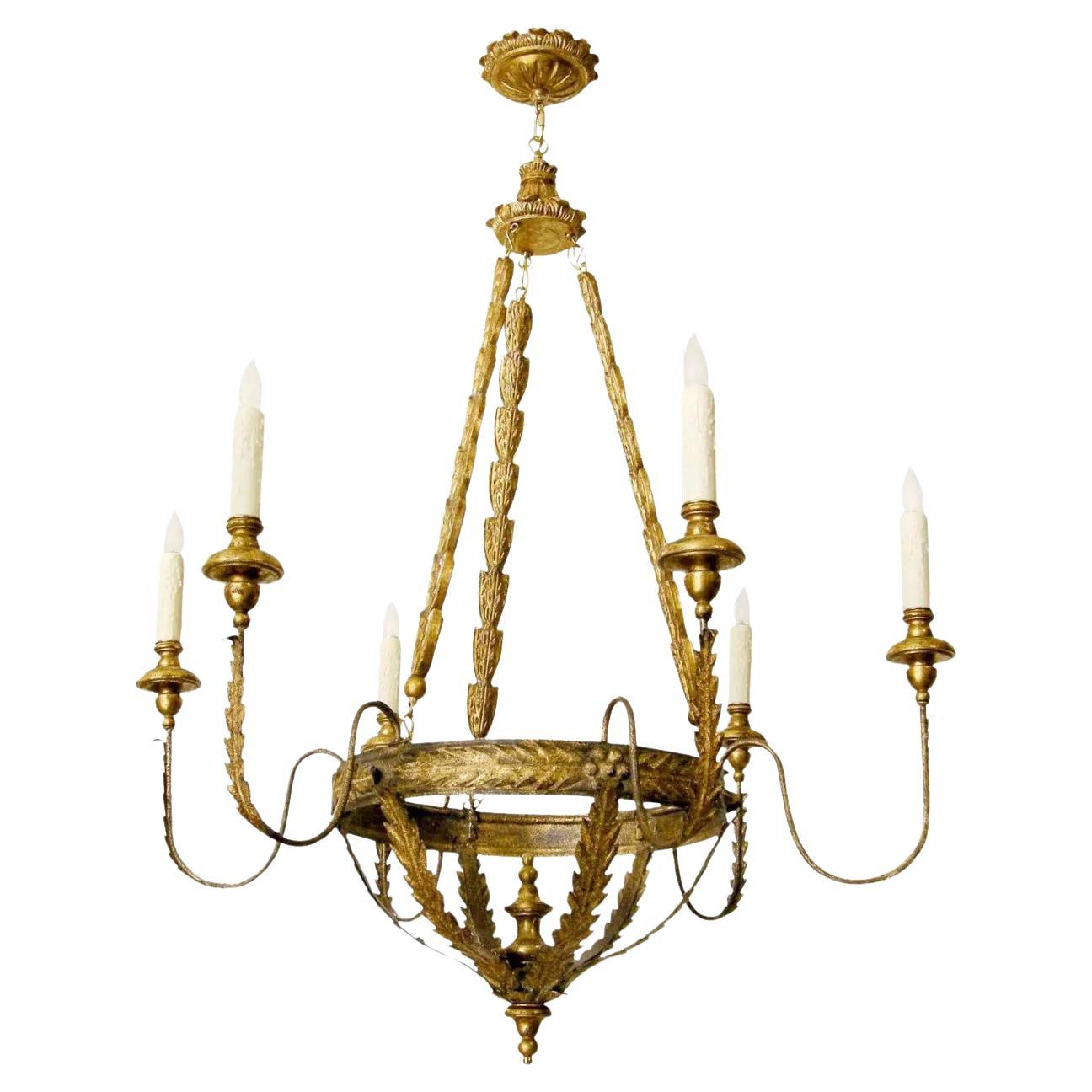 Lampadario Milano a sei bracci in legno dorato e metallo dorato di Randy Esada Designs