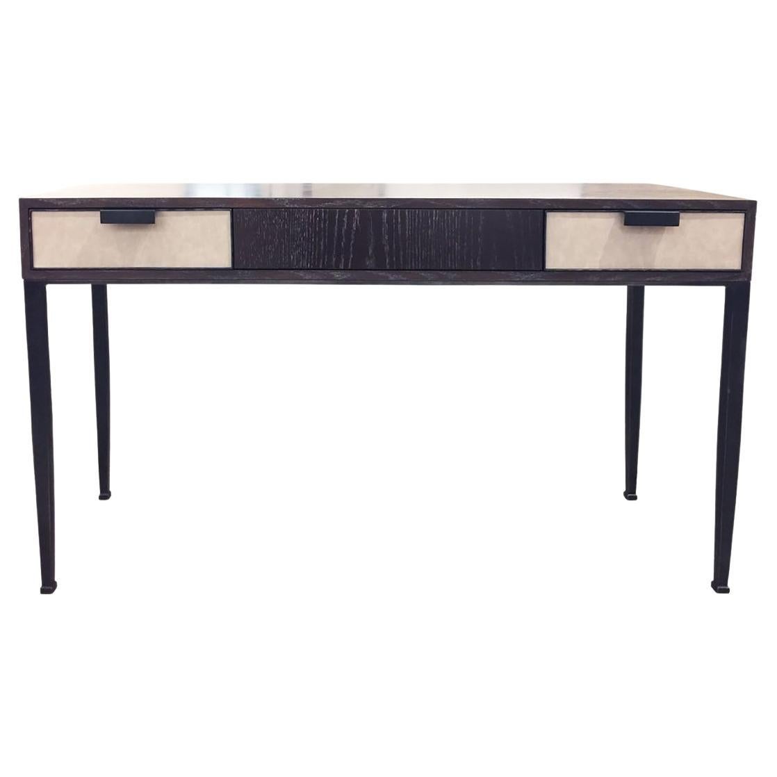 Modern Milano Leather 3-Drawer Desk with Sleek Cerused Oak by Ercole Home