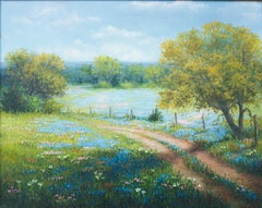 "Paisaje de Texas con Bluebonnets" Pastoral Wildflower Naturaleza Pintura al óleo Azul