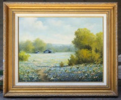 "Texas Spring Pastoral Scene with Bluebonnets, Mesquite, and Barn"