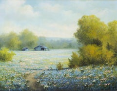 "Texas Spring Pastoral Scene with Bluebonnets, Mesquite, and Barn"