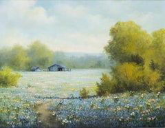 „Texas Spring Pastoral Scene with Bluebonnets, Mesquite, and Barn“
