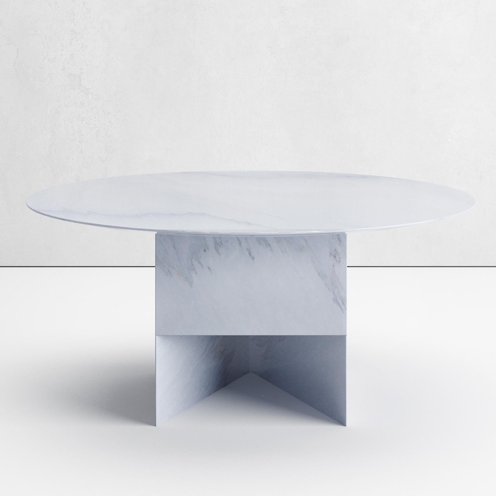 Mild difference marble table by Scattered Disc Objects 
Limited Edition 8+4 AP.
Dimensions: Diameter 160 x height 73 cm 
Material: carrara marble or bardiglio marble.
Technique: Base carved from a solid marble block and properly lighted for