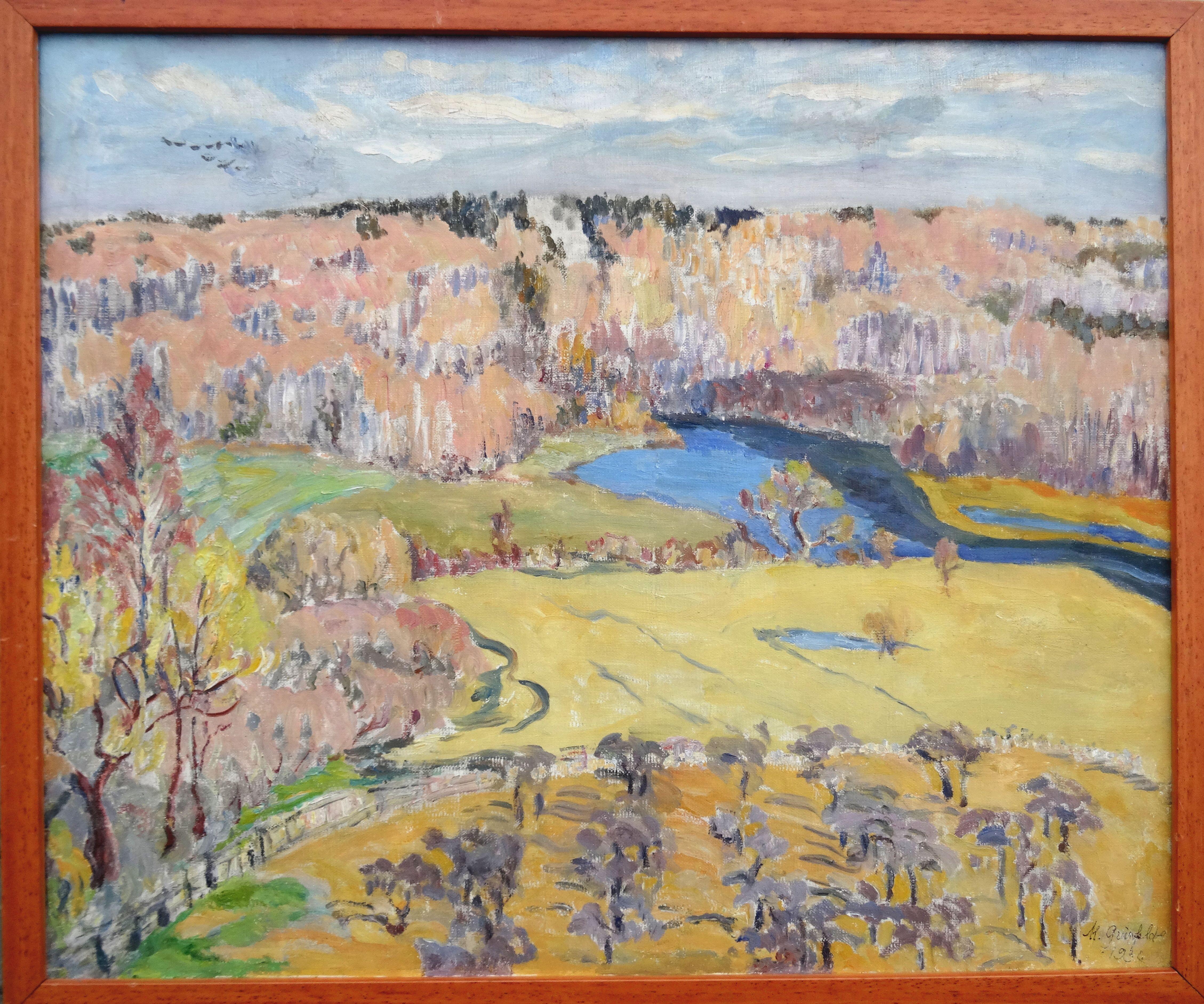 Autumn landscape  1930, oil on canvas, 40x60 cm - Painting by Milda Grinfelde