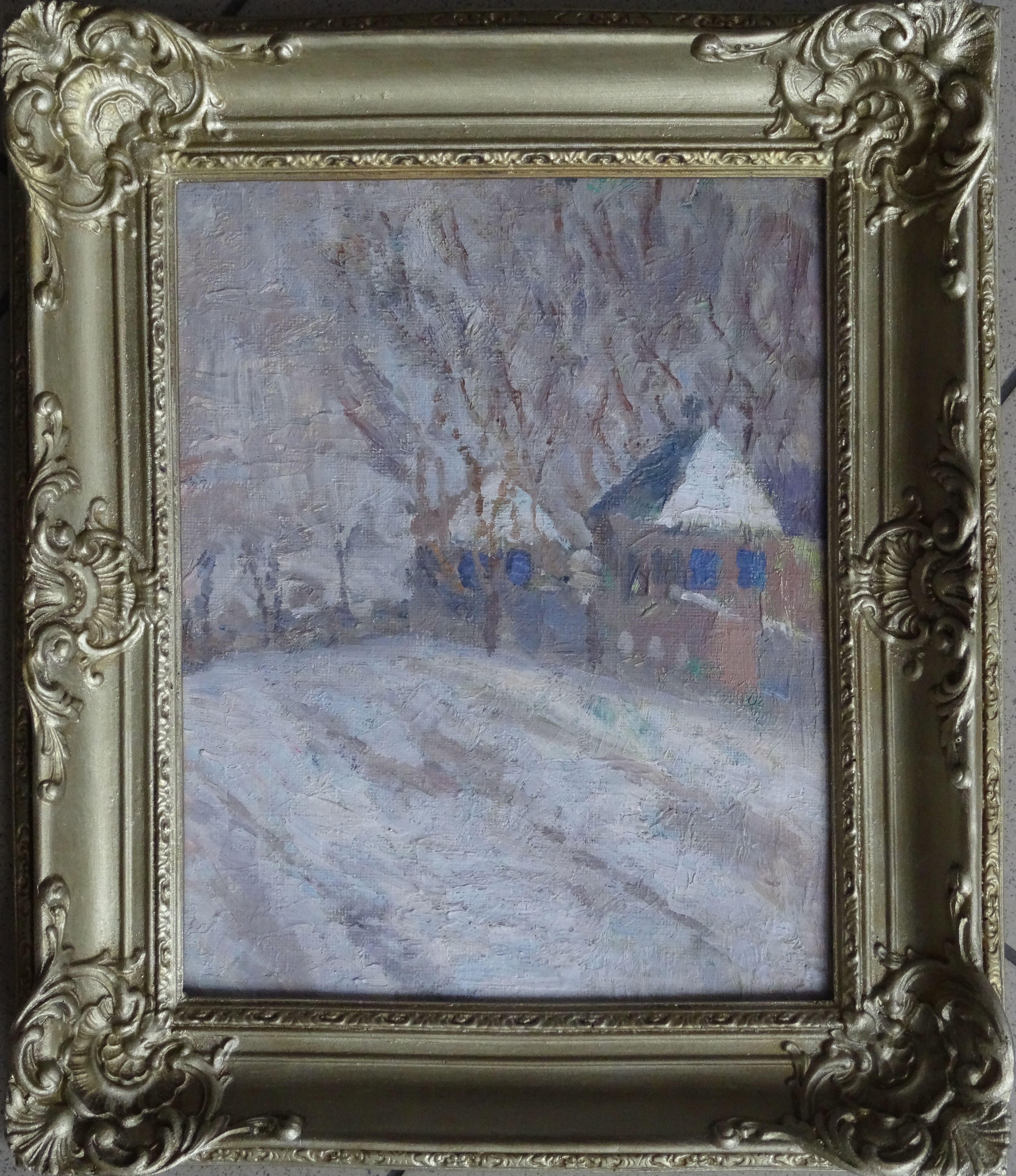 Winter evening. 1950. Oil on canvas and cardboard, 29x23 cm - Painting by Milda Grinfelde