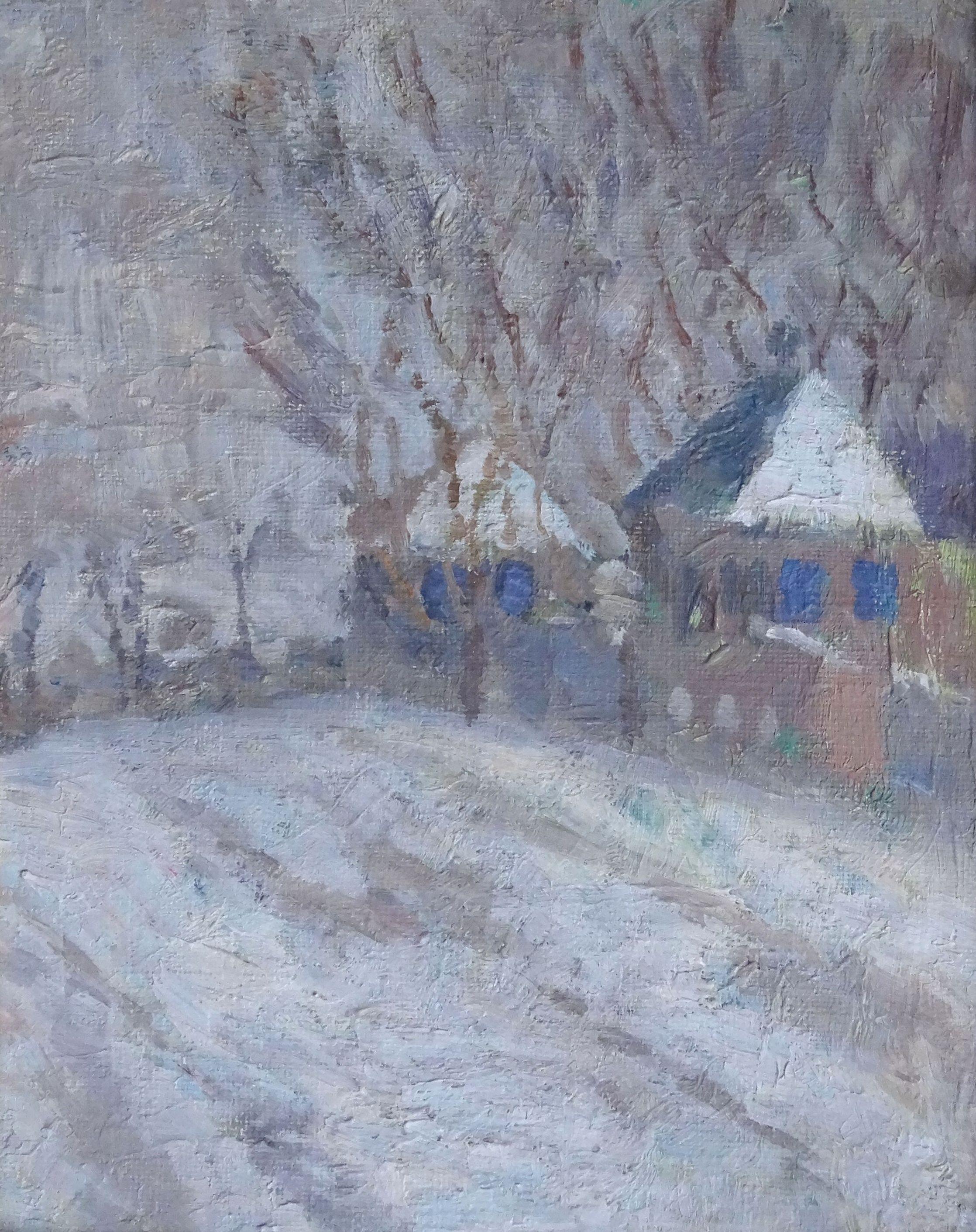 Milda Grinfelde Landscape Painting - Winter evening. 1950. Oil on canvas and cardboard, 29x23 cm