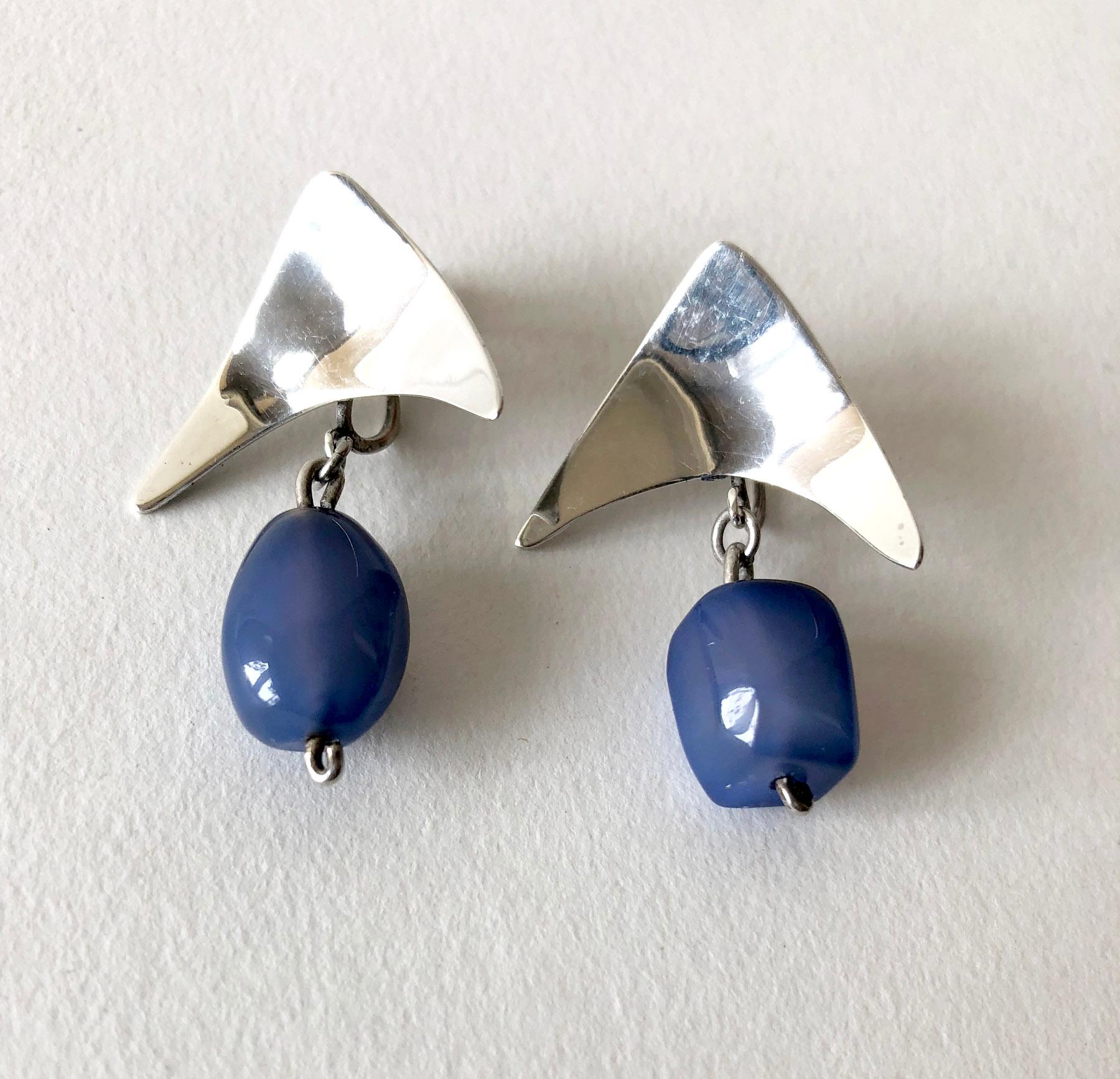 Rare, handmade sterling silver and blue agate quartz earrings created by Mildred Ball of South Carolina.  Earrings measure 1 1/2