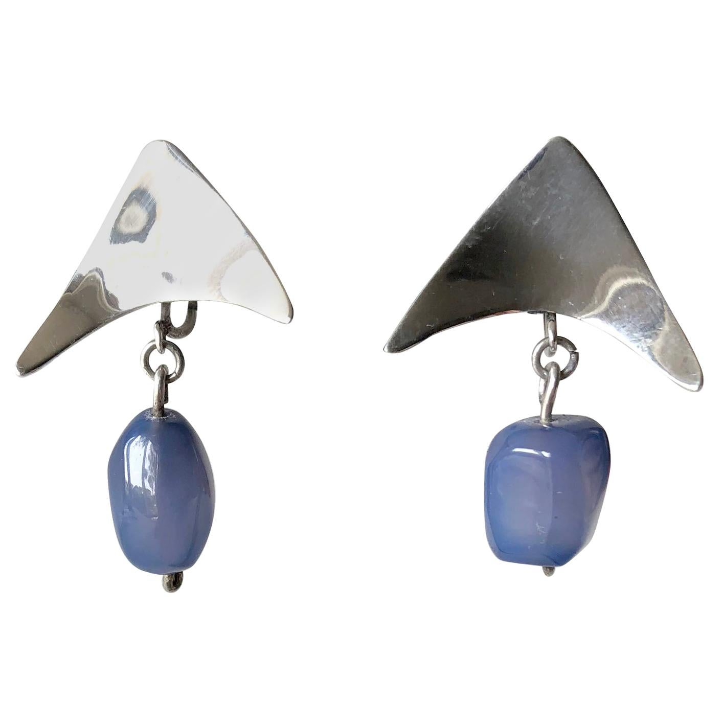 Mildred Ball Sterling Silver Blue Agate American Modernist Boomerang Earrings