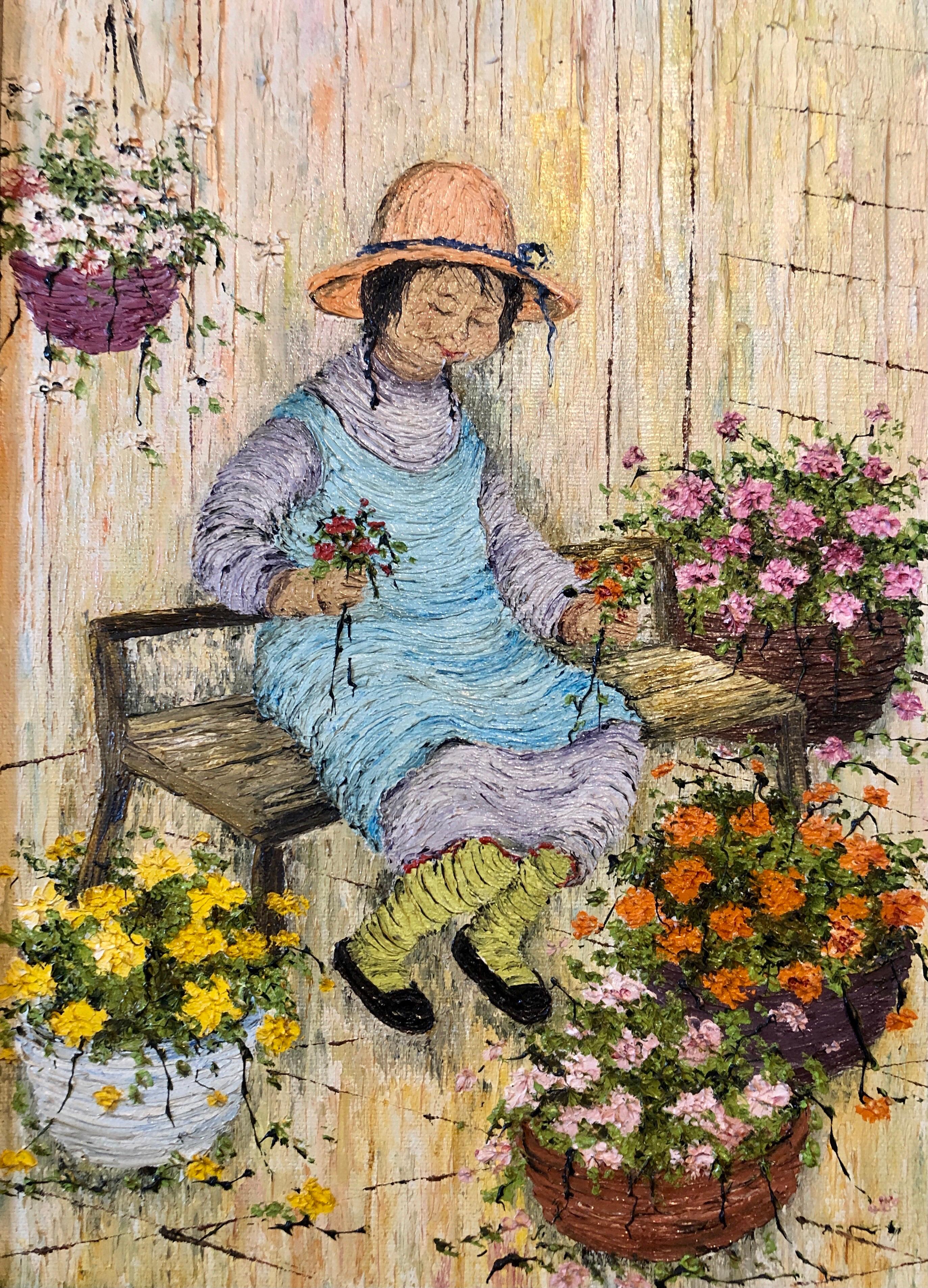 Naive Oil Painting Folk Art Florist Flower Seller with Bouquets of Flowers 4