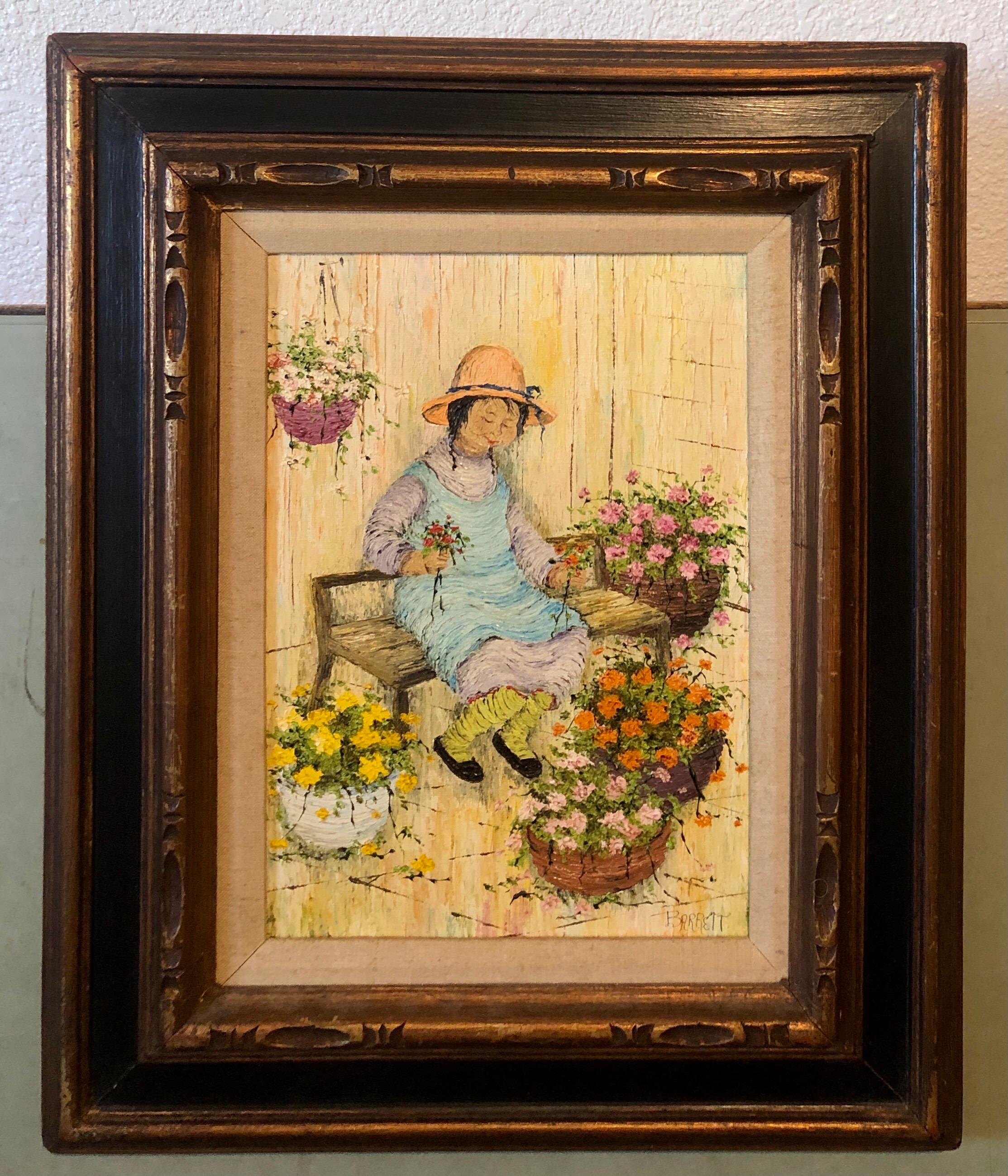 Naive Oil Painting Folk Art Florist Flower Seller with Bouquets of Flowers 5