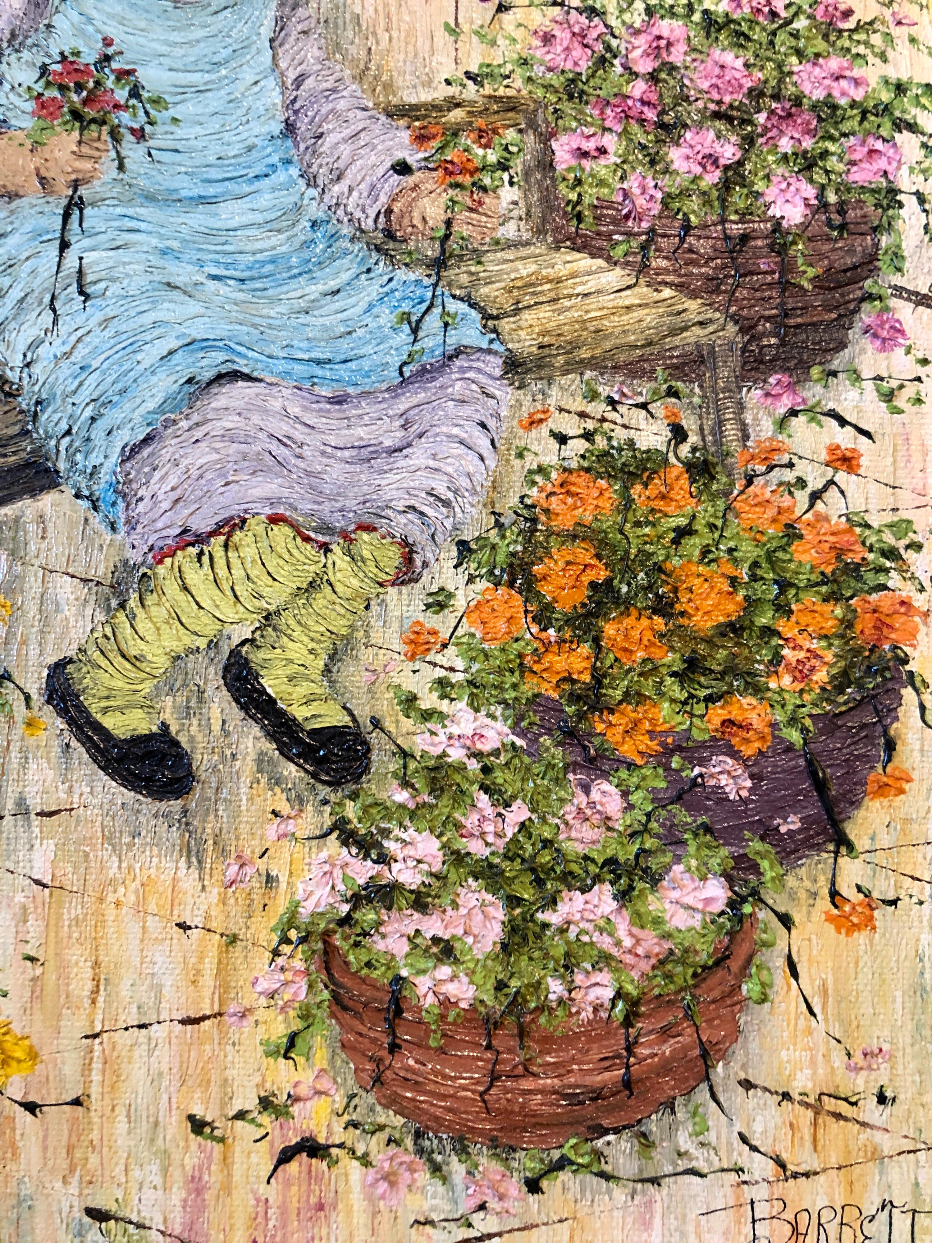 Naive Oil Painting Folk Art Florist Flower Seller with Bouquets of Flowers 1