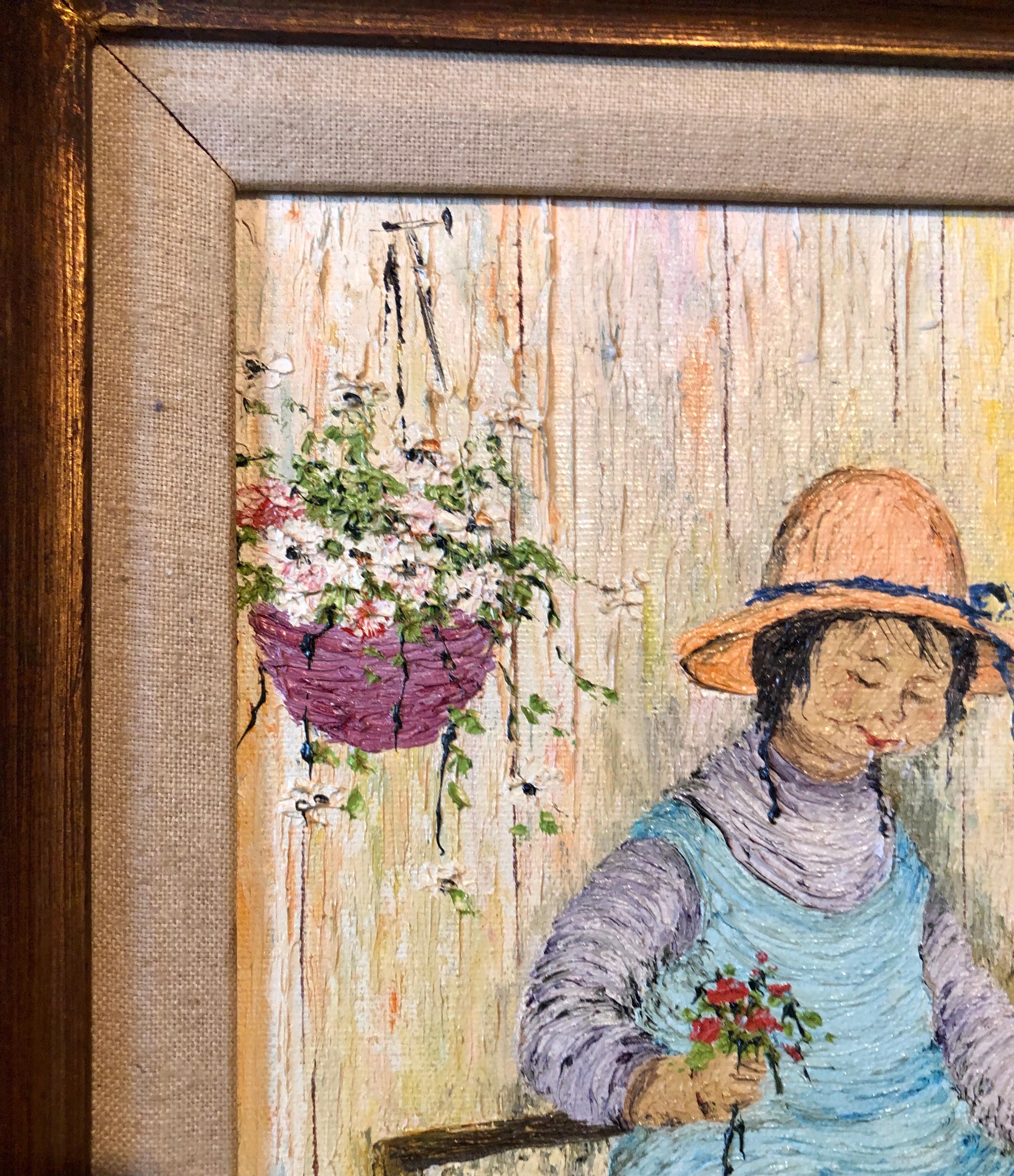 Naive Oil Painting Folk Art Florist Flower Seller with Bouquets of Flowers 3