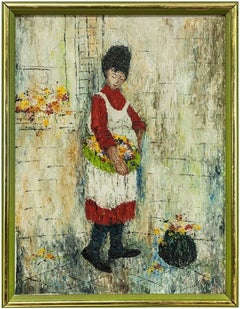 Vintage Woman in Apron with Basket of Flowers, Oil Painting
