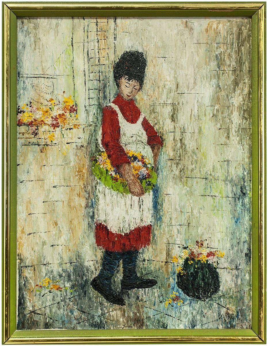 Figurative Painting Mildred Barrett - Femme en tablier avec panier de fleurs, peinture à l
huile